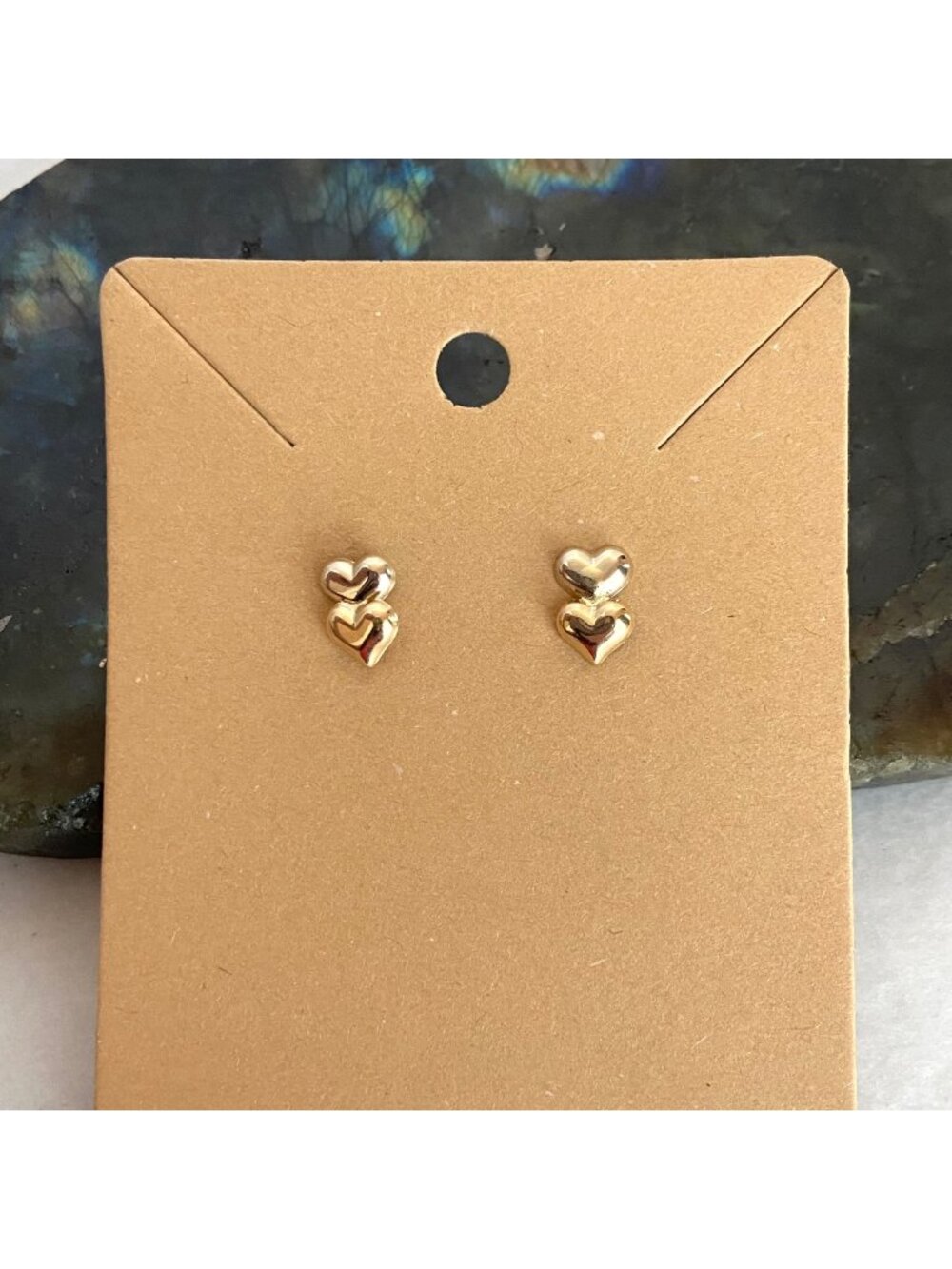 Dainty 14K White Yellow Gold Two-Tone Double Puffy Heart Stud Earrings 8MM Post